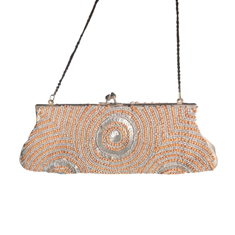 White House Black Market Vintage Wood Beaded Evening Bag + Silver Sequins. OS - Picture 2 of 7